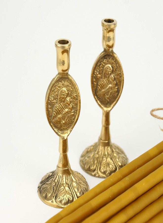 BlessedMart Set of 2 Theotokos Design Brass Candle Holders and 20 Pure Beeswax Church Candles, Orthodox Tapers, Home Altar - Image 2
